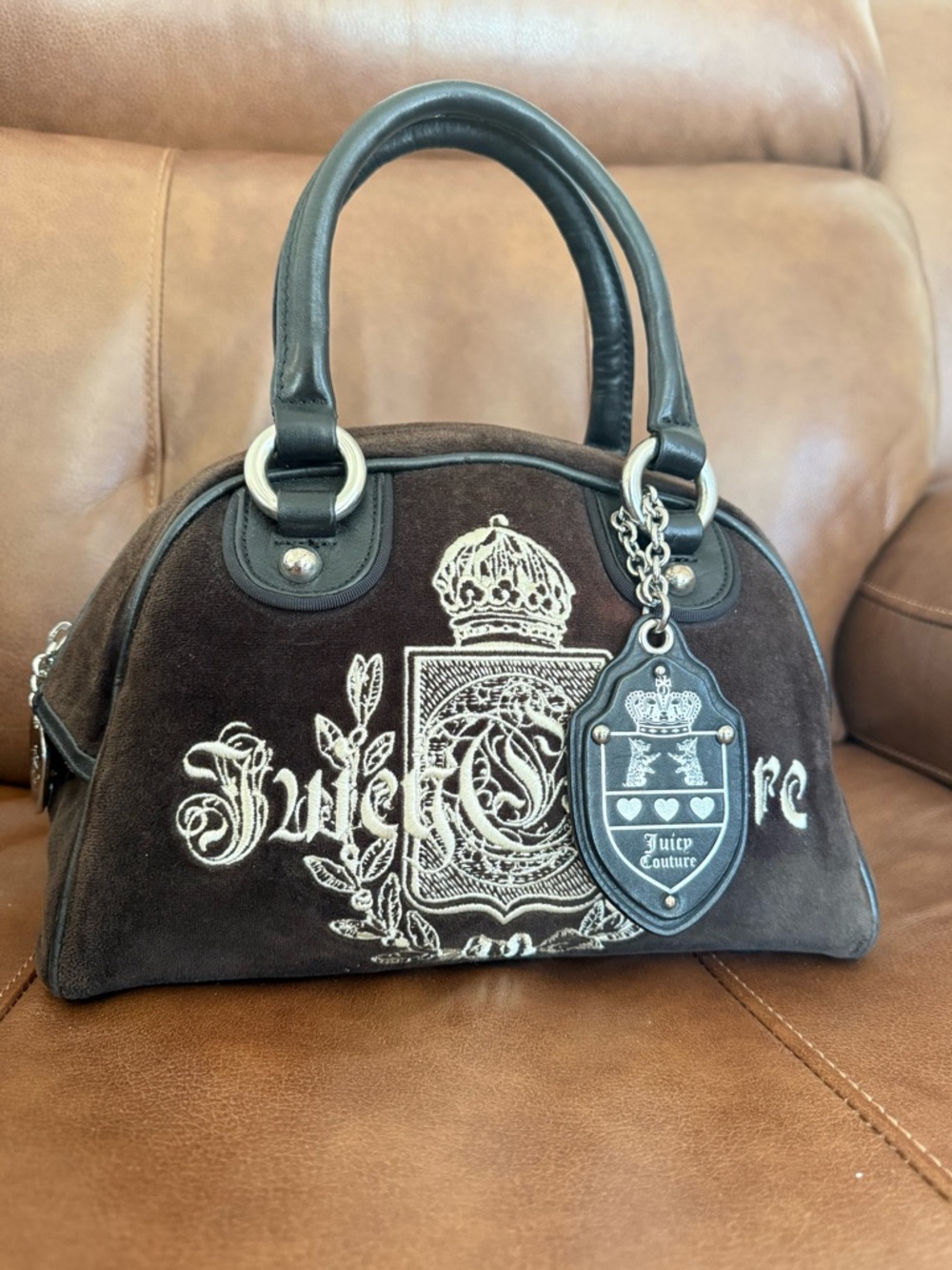 Vintage Y2K Juicy Couture Dark Brown Bowler Bag with Embroidered Crest and Charm